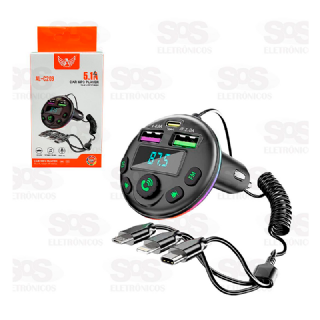 Transmissor FM Bluetooth+SD+2USB+MP3+3 Cabos Para Celular CAR145